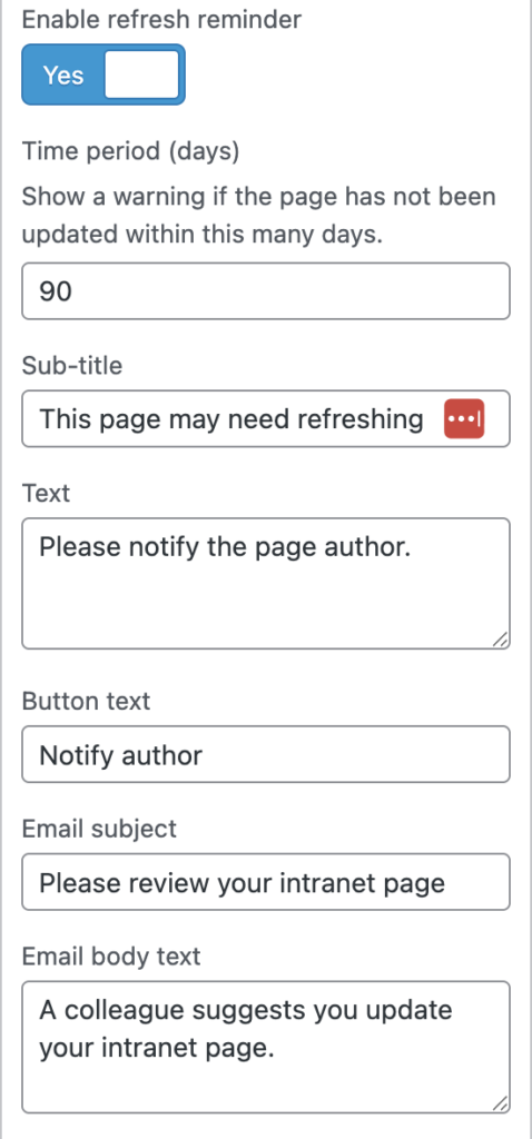 About this page refresh settings