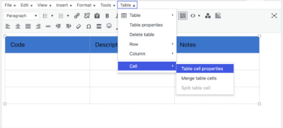 Table cell properties