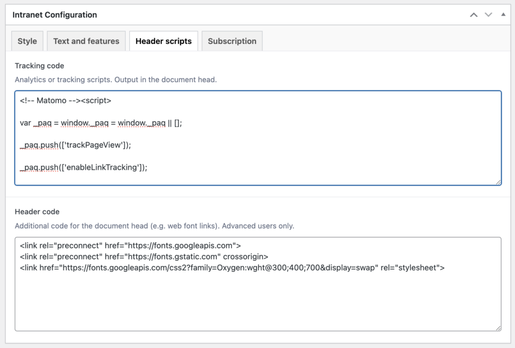 Header scripts section of the Govintra Options