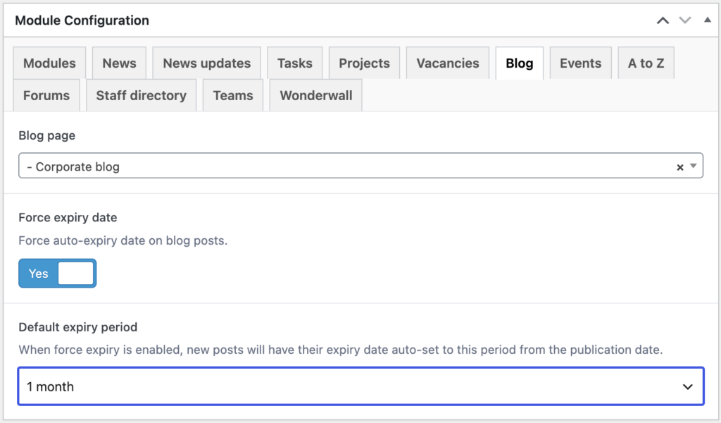 Blog tab on the Modules screen