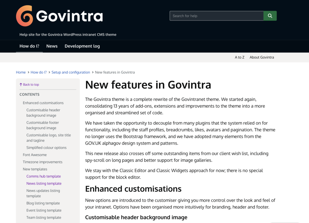 Long page template shows automated left-hand scrollspy menu based on page content headings