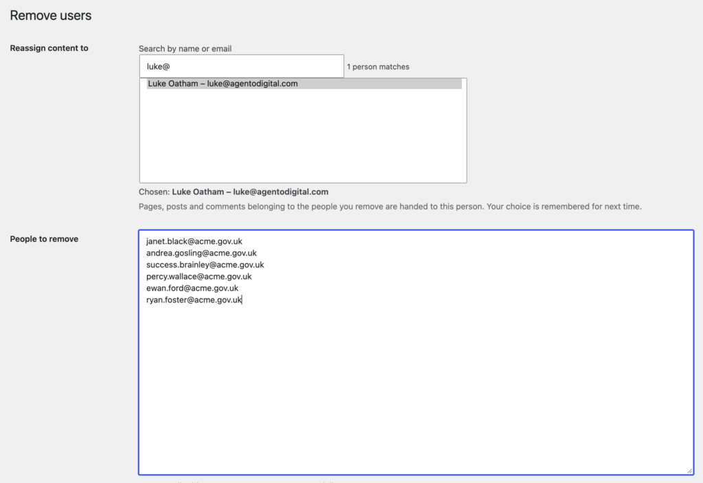 Remove Users admin screen showing dropdown selection of user to reassign content to