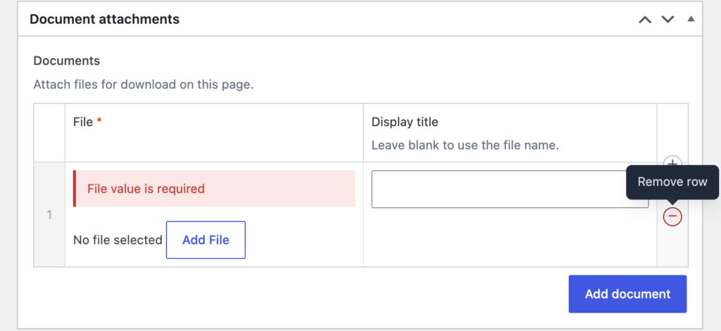 Document attachments screenshot showing "File value is required" error message
